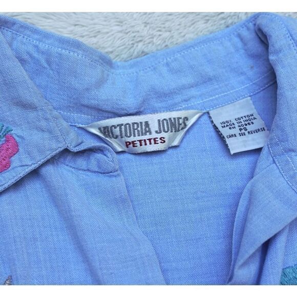 Vintage 90s Embroidered Floral Blue Cotton Button Front Collared Blouse - Picture 5 of 5